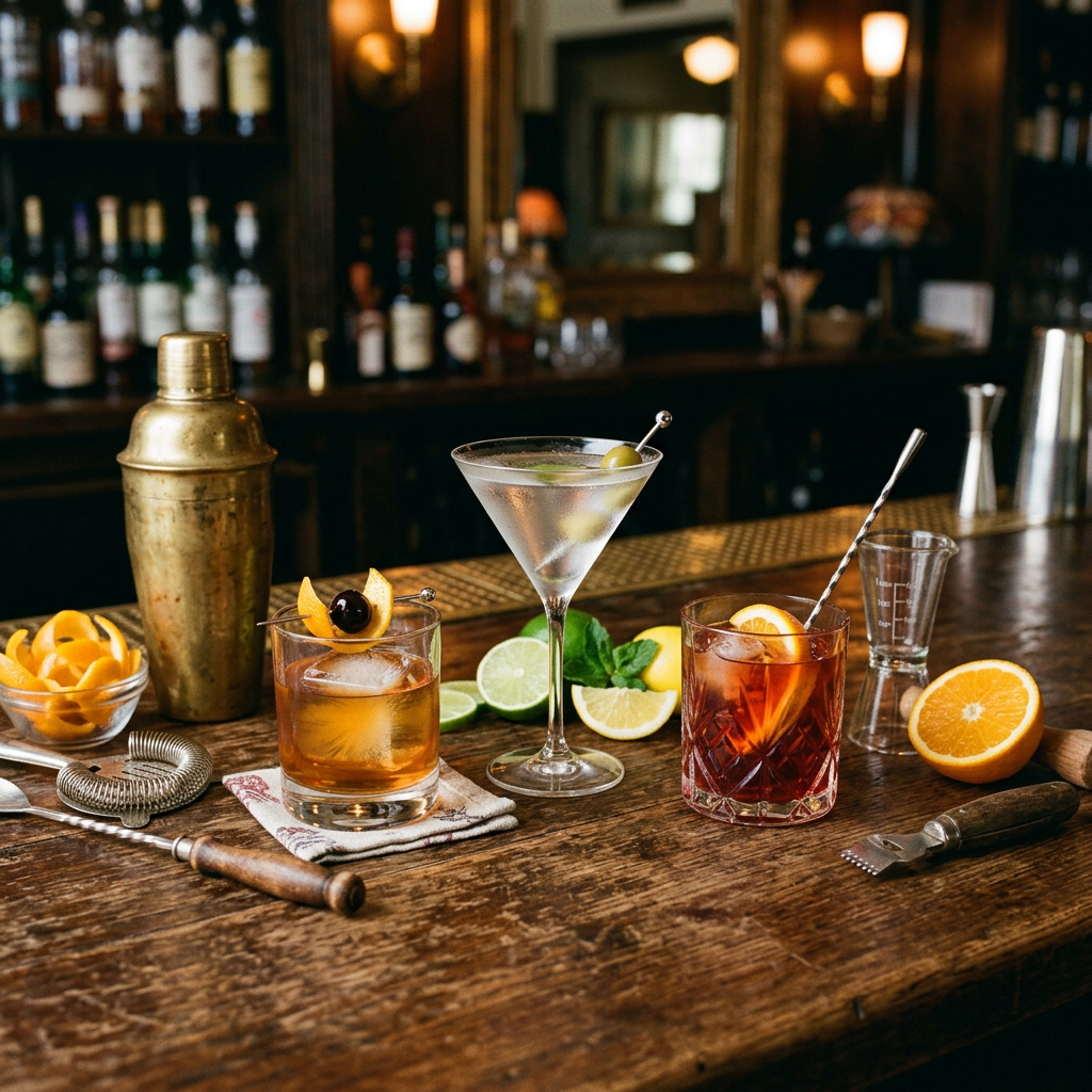 Three classic cocktails with garnishes on wooden bar counter alongside bar tools and citrus